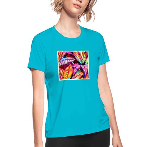 Striped Neon Leaves Design - Women's Moisture Wicking Performance T-Shirt
