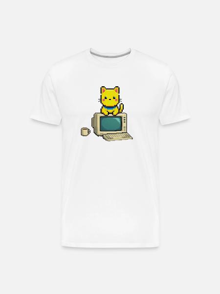 Pixel Cat on Retro Computer - Men's Premium Organic T-Shirt - white