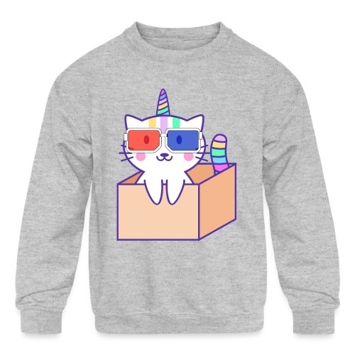 Unicorn cat with 3D glasses doing Vision Therapy! - Kids' Crewneck Sweatshirt