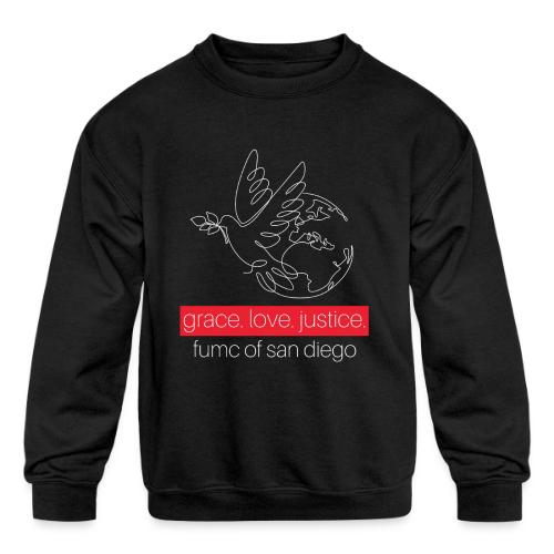 Grace. Love. Justice.- dove and earth graphic - Kids' Crewneck Sweatshirt