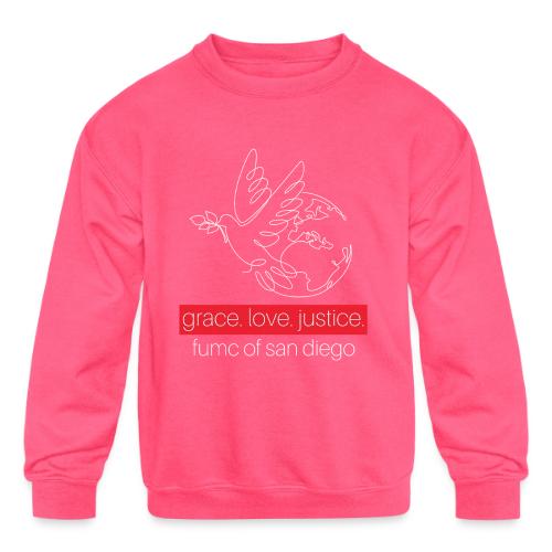 Grace. Love. Justice.- dove and earth graphic - Kids' Crewneck Sweatshirt