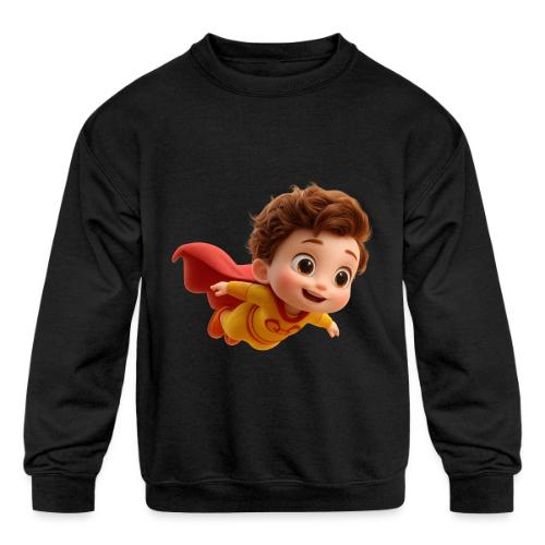 Flying Cartoon Superhero Boy in Yellow Suit - Kids' Crewneck Sweatshirt