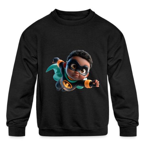 Brave Cartoon Superhero Boy in Green Cape - Kids' Crewneck Sweatshirt