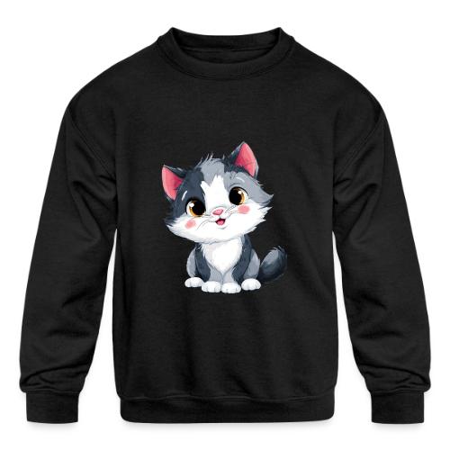 Sweet Sitting Kitten Cartoon Smiling - Kids' Crewneck Sweatshirt