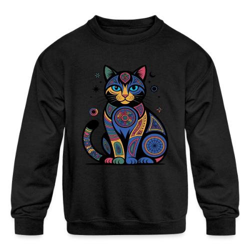 Vibrant Geometric Cat Mandala - Kids' Crewneck Sweatshirt