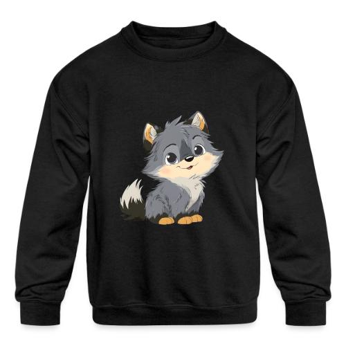 Cute Cartoon Baby Wolf with Innocent Eyes - Kids' Crewneck Sweatshirt