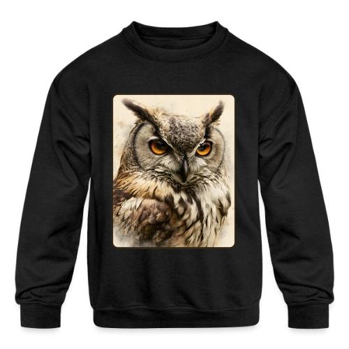 Great Horned Owl Watercolor Design - Kids' Crewneck Sweatshirt