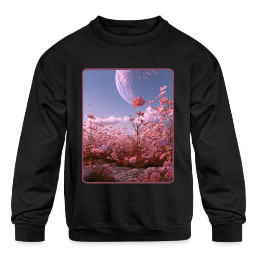 Cosmic Moon & Cosmos Flowers Art - Kids' Crewneck Sweatshirt