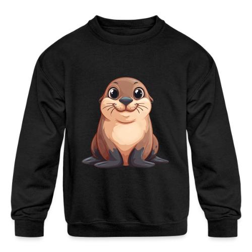 Smiling Cartoon Brown Sea Lion - Kids' Crewneck Sweatshirt
