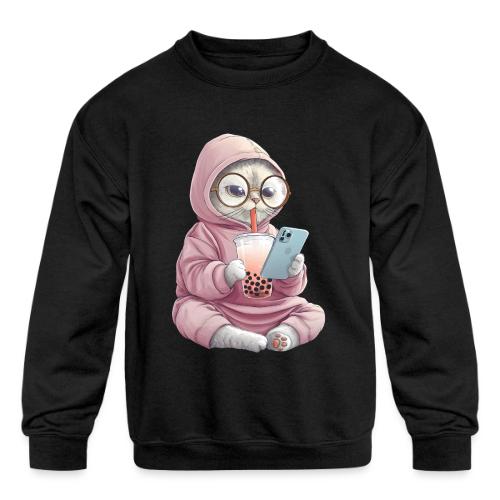 Cool Cat Bubble Tea Cartoon Design - Kids' Crewneck Sweatshirt