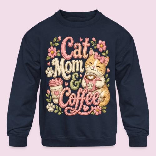 Cat Mom & Coffee Faux Stitched Cat Lover Design - Kids' Crewneck Sweatshirt