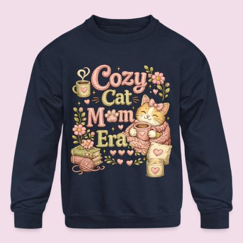 Cozy Cat Mom Era Faux Stitched Design - Kids' Crewneck Sweatshirt