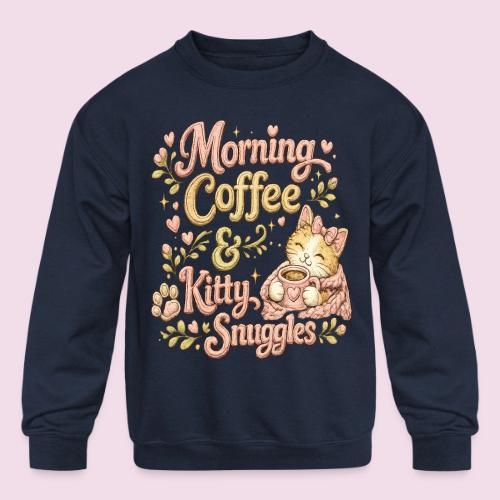 Morning Coffee & Kitty Snuggles Faux Stitched - Kids' Crewneck Sweatshirt
