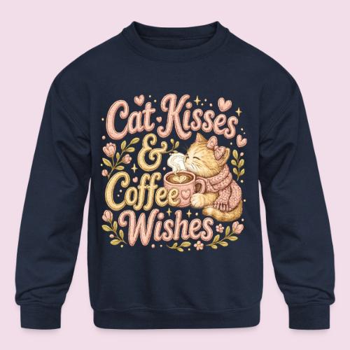Cat Kisses & Coffee Wishes Faux Stitched - Kids' Crewneck Sweatshirt