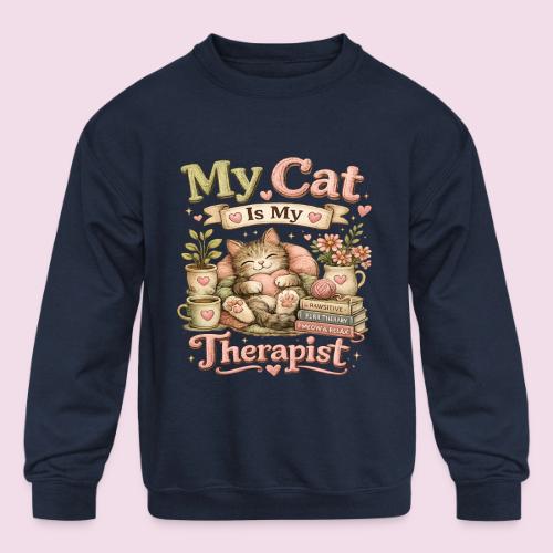 Flux Faux Embroidery My Cat Is My Therapist Design - Kids' Crewneck Sweatshirt
