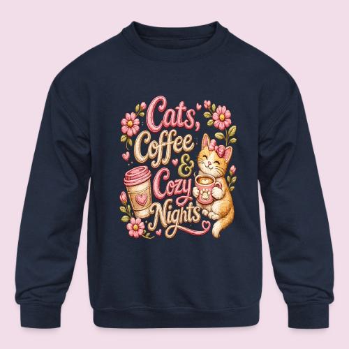 Cats, Coffee & Cozy Nights Faux Stitched Design - Kids' Crewneck Sweatshirt