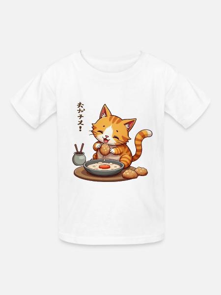 Cute Cat Enjoying Japanese Meal - Heavyweight Kid's T-Shirt - white