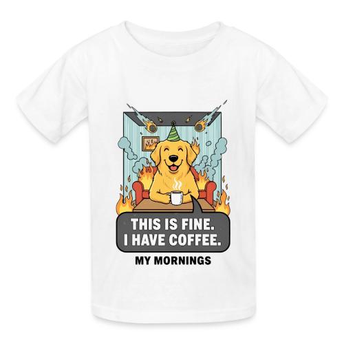 🔥 Funny Dog Meme “This Is Fine, I Have Coffee” - Heavyweight Kid's T-Shirt