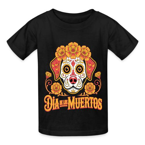 Dia De Los Muertos Dog Skull Flowers - Heavyweight Kid's T-Shirt