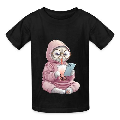 Cool Cat Bubble Tea Cartoon Design - Heavyweight Kid's T-Shirt