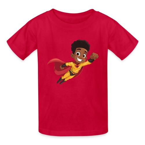 Flying Cartoon Superhero Boy in Red Cape - Heavyweight Kid's T-Shirt