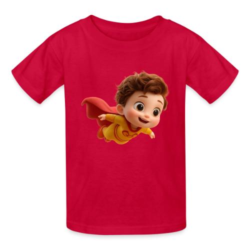 Flying Cartoon Superhero Boy in Yellow Suit - Heavyweight Kid's T-Shirt