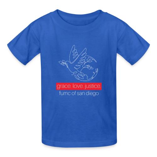 Grace. Love. Justice.- dove and earth graphic - Gildan Ultra Cotton Youth T-Shirt