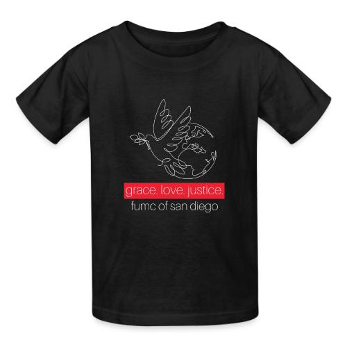 Grace. Love. Justice.- dove and earth graphic - Gildan Ultra Cotton Youth T-Shirt