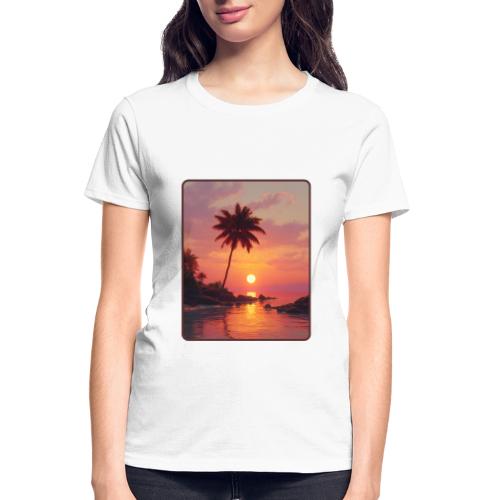 Tropical Beach Sunset Palm Design - Gildan Ultra Cotton Ladies T-Shirt