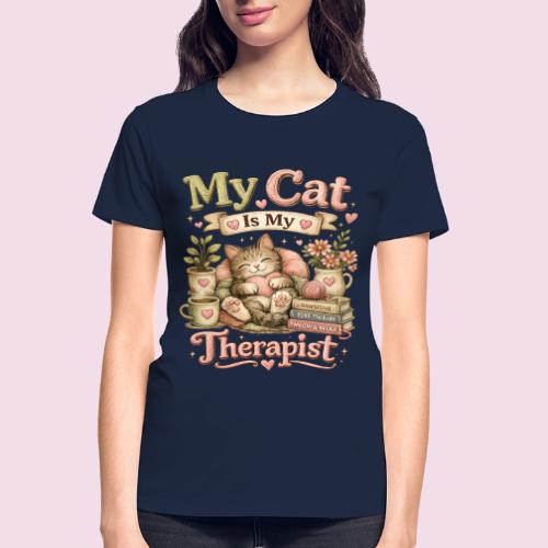 Flux Faux Embroidery My Cat Is My Therapist Design - Gildan Ultra Cotton Ladies T-Shirt