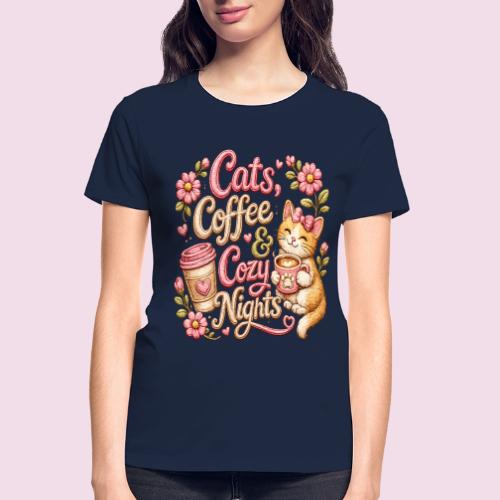 Cats, Coffee & Cozy Nights Faux Stitched Design - Gildan Ultra Cotton Ladies T-Shirt