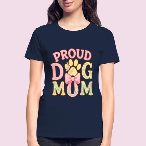 Proud Dog Mom Floral Paw Bow - Gildan Ultra Cotton Ladies T-Shirt