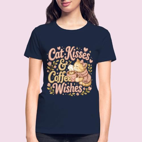Cat Kisses & Coffee Wishes Faux Stitched - Gildan Ultra Cotton Ladies T-Shirt