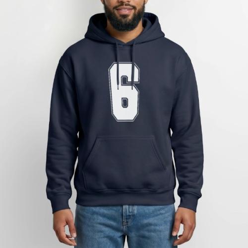 White Number 6 – Varsity Font - Heavyweight Unisex Hoodie by Gildan