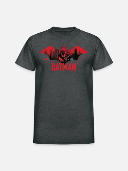 Batman With Bats And Red Batman Logo - Heavyweight Unisex T-Shirt by Gildan - deep heather