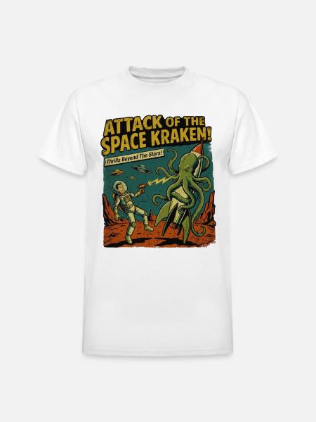 Attack of the Space Kraken - Heavyweight Unisex T-Shirt by Gildan - white