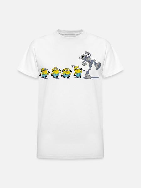 Minions In A Row With Robot - Heavyweight Unisex T-Shirt by Gildan - white