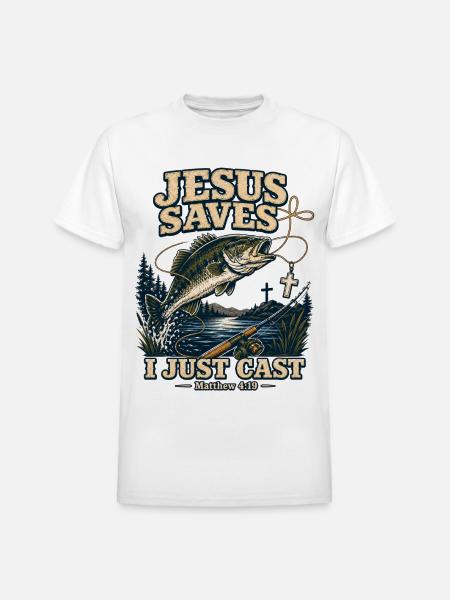 Jesus Saves I Just Cast Christian Fishing - Heavyweight Unisex T-Shirt by Gildan - white