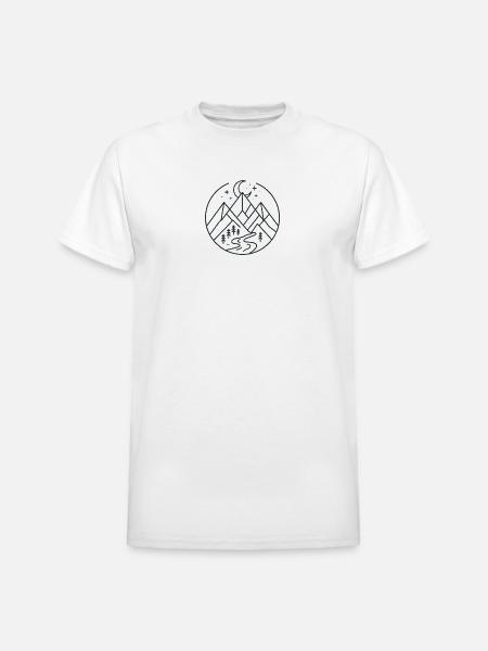 Moonlit Mountain River Line Art - Heavyweight Unisex T-Shirt by Gildan - white