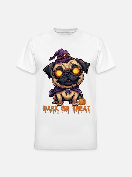 Pug Halloween Bark or Treat - Heavyweight Unisex T-Shirt by Gildan - white
