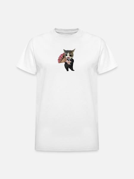 Cat in Suit with Bouquet - Heavyweight Unisex T-Shirt by Gildan - white