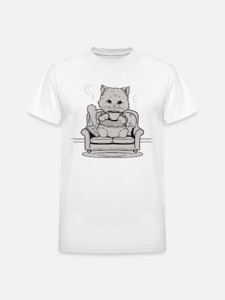 Coffee Cat In Comfy Chair - Heavyweight Unisex T-Shirt by Gildan - white