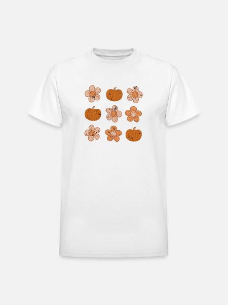 Rustic Pumpkin and Flower Pattern - Heavyweight Unisex T-Shirt by Gildan - white