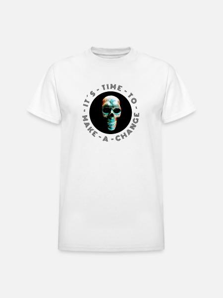 Neon Halftone Skull, Halloween, Skeleton - Heavyweight Unisex T-Shirt by Gildan - white