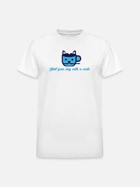 Blue Cat Morning Smile - Heavyweight Unisex T-Shirt by Gildan - white
