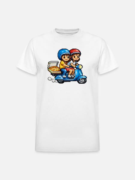 Boy and Girl on Vespa with Pizza! - Heavyweight Unisex T-Shirt by Gildan - white