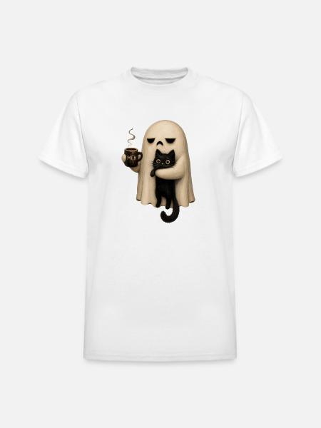 Meh Ghost and Cat Mug - Heavyweight Unisex T-Shirt by Gildan - white