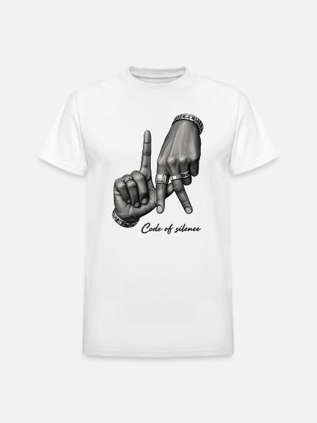 Code of Silence Grayscale Gesture - Heavyweight Unisex T-Shirt by Gildan - white