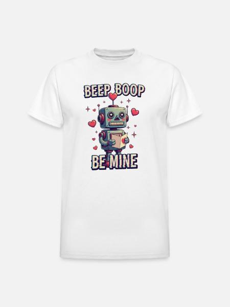 Beep Boop Be Mine Robot - Heavyweight Unisex T-Shirt by Gildan - white