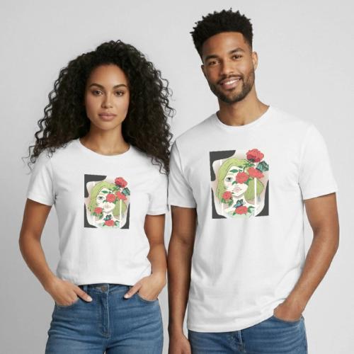 Girl with Rose Vine - Heavyweight Unisex T-Shirt by Gildan